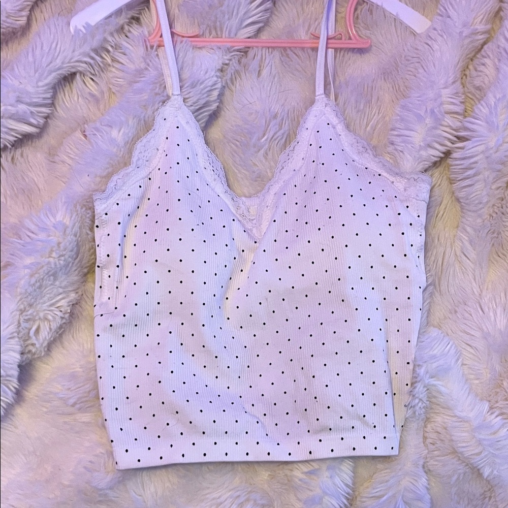 White Polka Dot Lace-Trim Cami Top